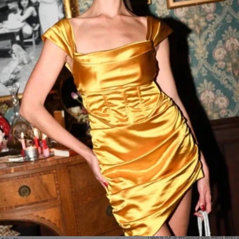 NWT For Love & Lemons Yellow/Gold Ruched Bustier Corset Drew Mini Dress M